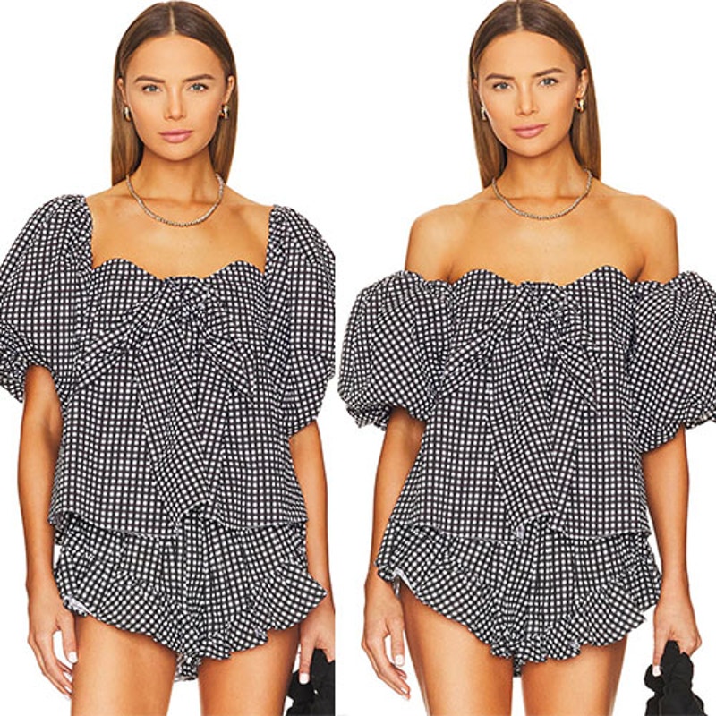 New Caroline Constas Reyna Gingham Sweetheart-Neck Puff-Sleeve Top Black